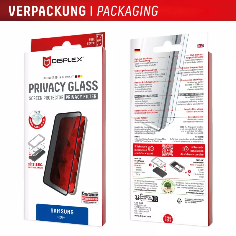 Displex Privacy Screen Protector (10H) for Samsung S26+, Privacy Filter