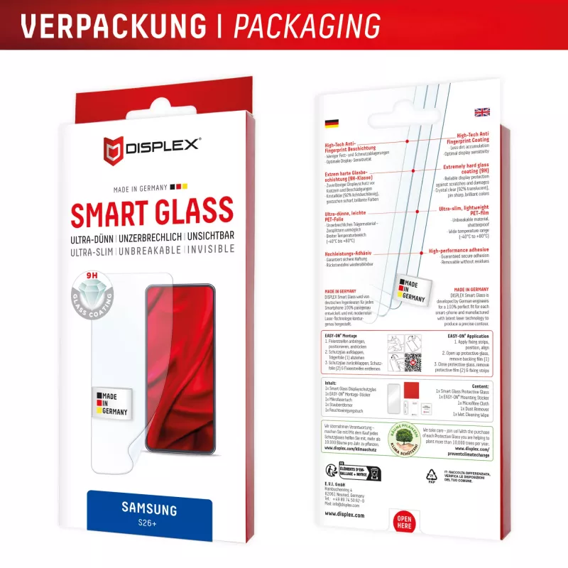 Tempered Smart Glass screen protector e.v.i. for Samsung Galaxy S26+ (9H), transparent, dry application, 1 pc