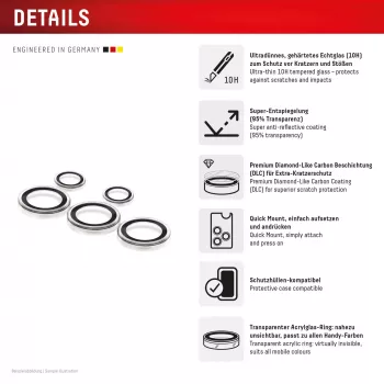Camera lens glass protector e.v.i. S26 Ultra Glas (for Galaxy S26 Ultra), tempered carbon, 10H, DLC, Quick Mount, single ring, transparent