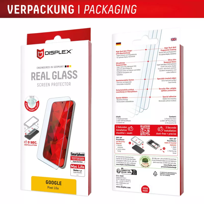 e.v.i. Displex Tempered Glass Screen Protector 10H for Google Pixel 10a, transparent, scratch- and impact-resistant