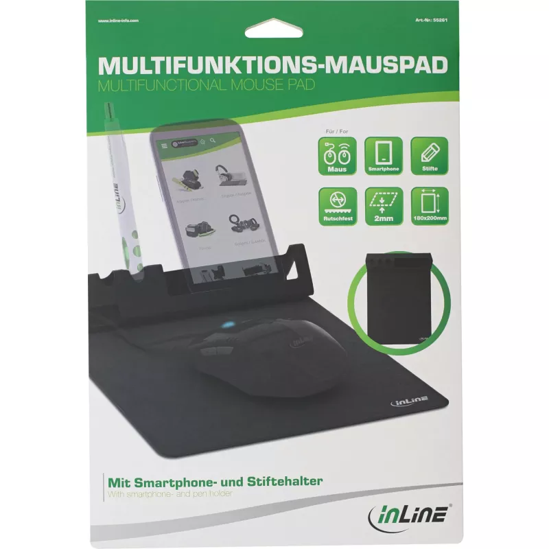 Mouse pad InLine 55261 — multifunctional rubber pad with smartphone and pen holder, 250×? mm, black