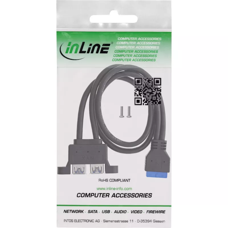 InLine 33390K Internal USB 3.2 Gen 1 Cable, Motherboard to 2x USB-A Female, 0.45m