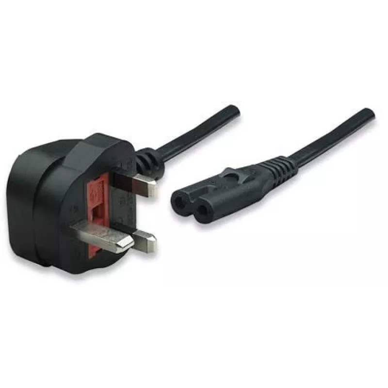 Manhattan Mains Power Cord/Cable, UK 3-pin plug to C7 Female (figure of eight), 1.8m, 13A, Black, Lead, Lifetime Warranty