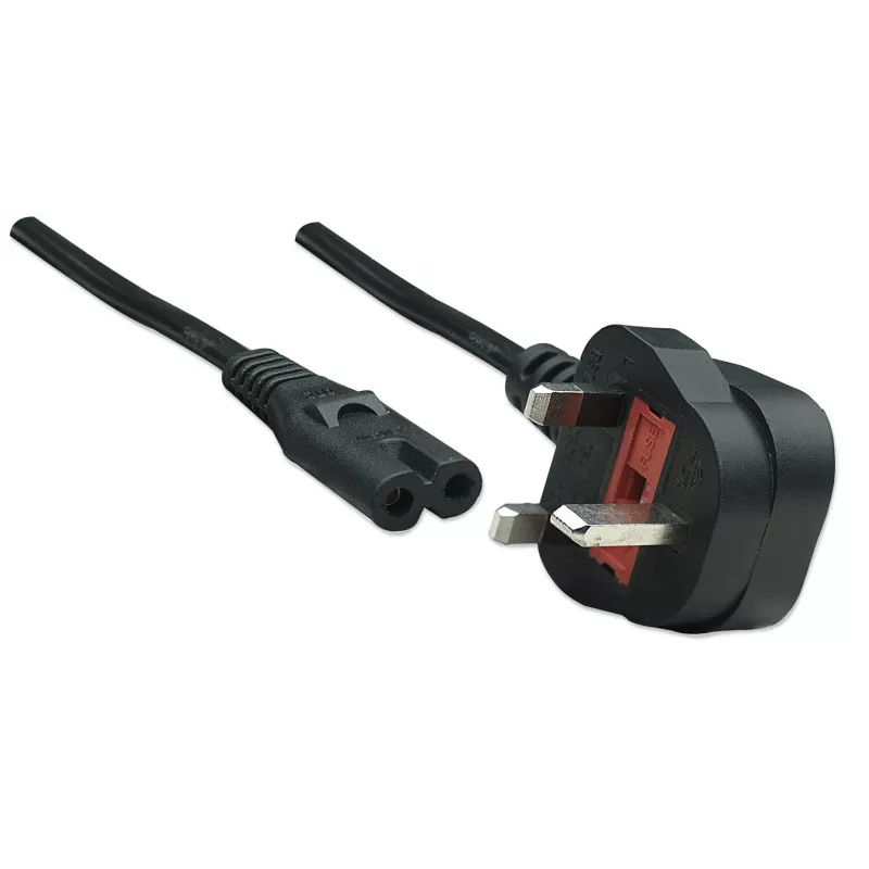 Manhattan Mains Power Cord/Cable, UK 3-pin plug to C7 Female (figure of eight), 1.8m, 13A, Black, Lead, Lifetime Warranty