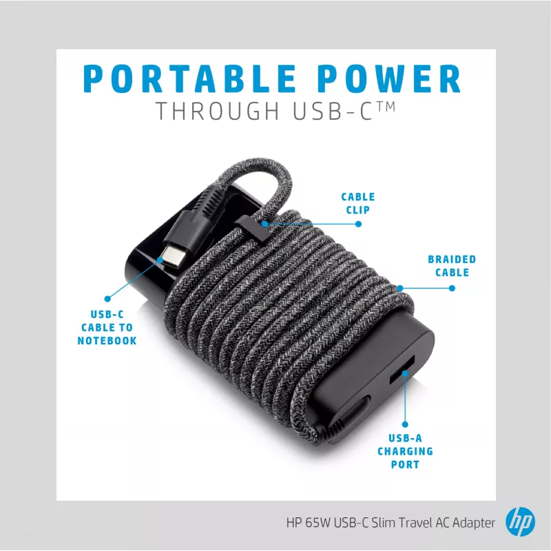 HP 65W USB-C Slim Travel Power Adapter, Laptop, Universal, 90 V, 47 - 63 Hz, 65 W, 20 V