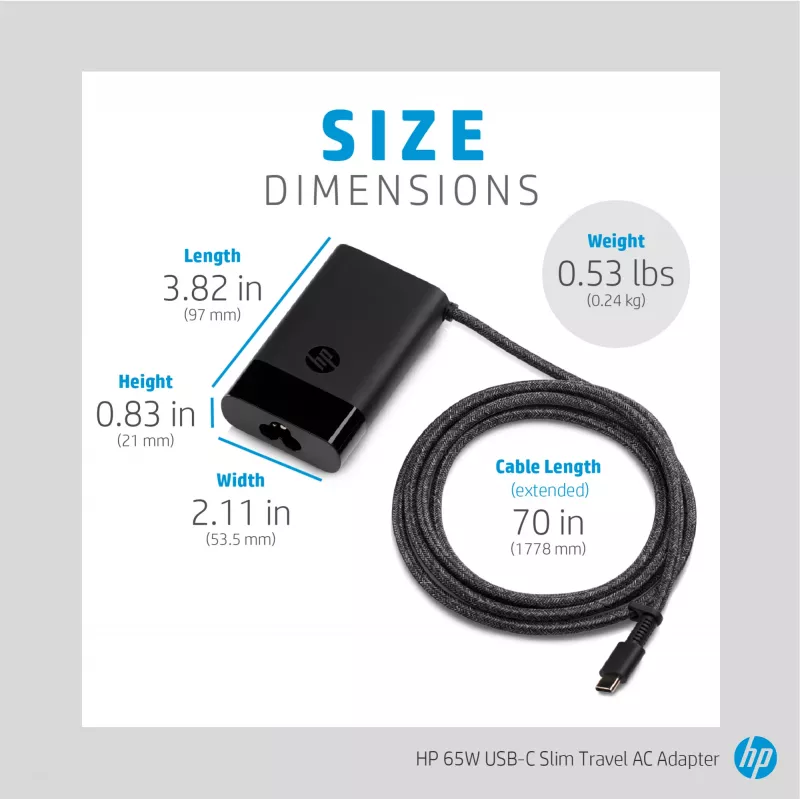 HP 65W USB-C Slim Travel Power Adapter, Laptop, Universal, 90 V, 47 - 63 Hz, 65 W, 20 V