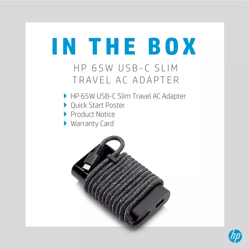 HP 65W USB-C Slim Travel Power Adapter, Laptop, Universal, 90 V, 47 - 63 Hz, 65 W, 20 V