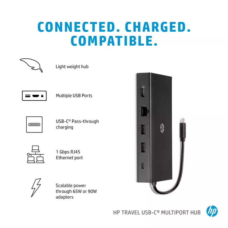 HP 65W USB-C Slim Travel Power Adapter, Laptop, Universal, 90 V, 47 - 63 Hz, 65 W, 20 V