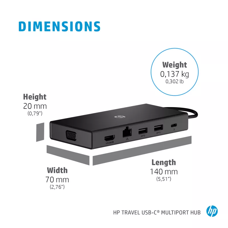 HP 65W USB-C Slim Travel Power Adapter, Laptop, Universal, 90 V, 47 - 63 Hz, 65 W, 20 V
