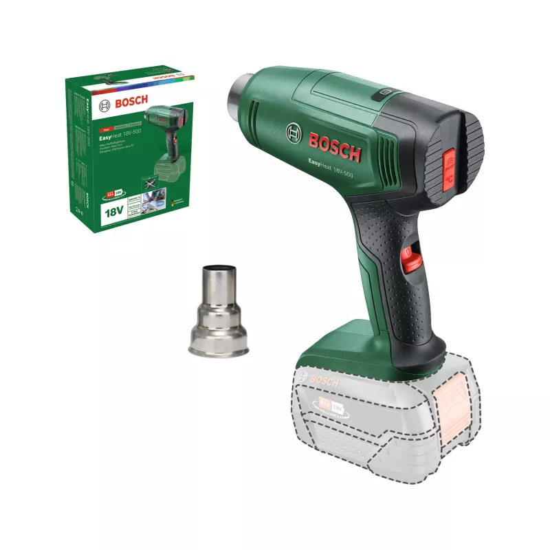Hot air gun Bosch EasyHeat 18V-500 — cordless, 72 W, 4 Ah battery, 350–450 °C, pistol handle, green