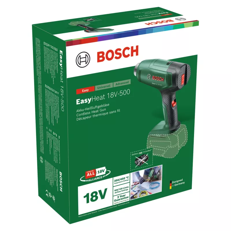 Hot air gun Bosch EasyHeat 18V-500 — cordless, 72 W, 4 Ah battery, 350–450 °C, pistol handle, green