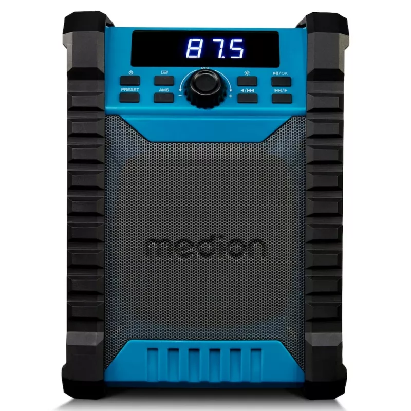 Portable Digital Radio MEDION LIFE E65895 (MD 43895) — PLL tuner, 10 W RMS, LCD, Bluetooth 10 m, IP54, external antenna, black/blue