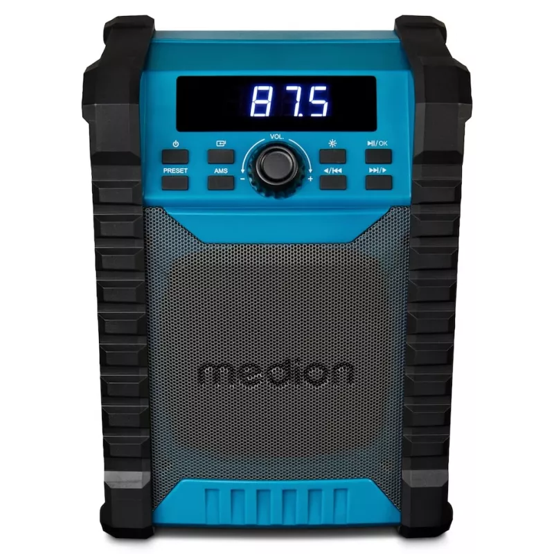 Portable Digital Radio MEDION LIFE E65895 (MD 43895) — PLL tuner, 10 W RMS, LCD, Bluetooth 10 m, IP54, external antenna, black/blue