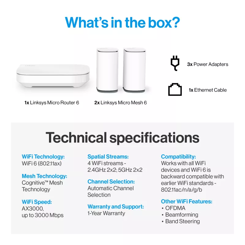 Linksys Velop Micro 6 Mesh System – Dual-Band WiFi 6 AX3000 (3-pack)