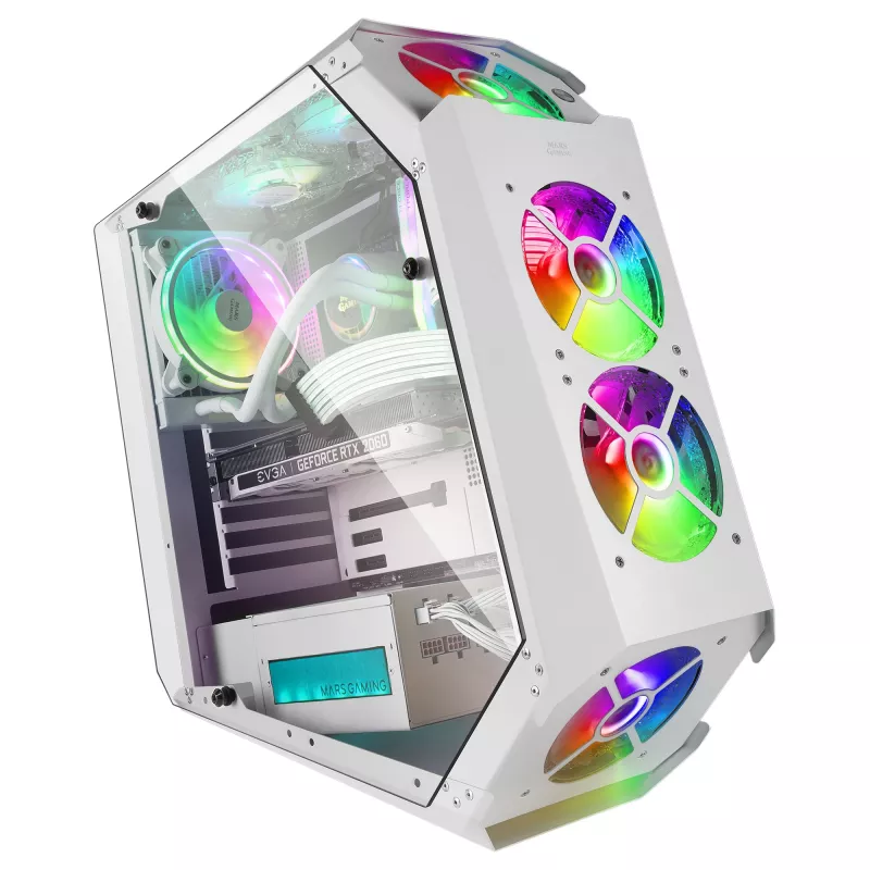Mars Gaming MC51W White PC Gaming ATX Double Tempered Glass Case 5x RGB 12cm Fan