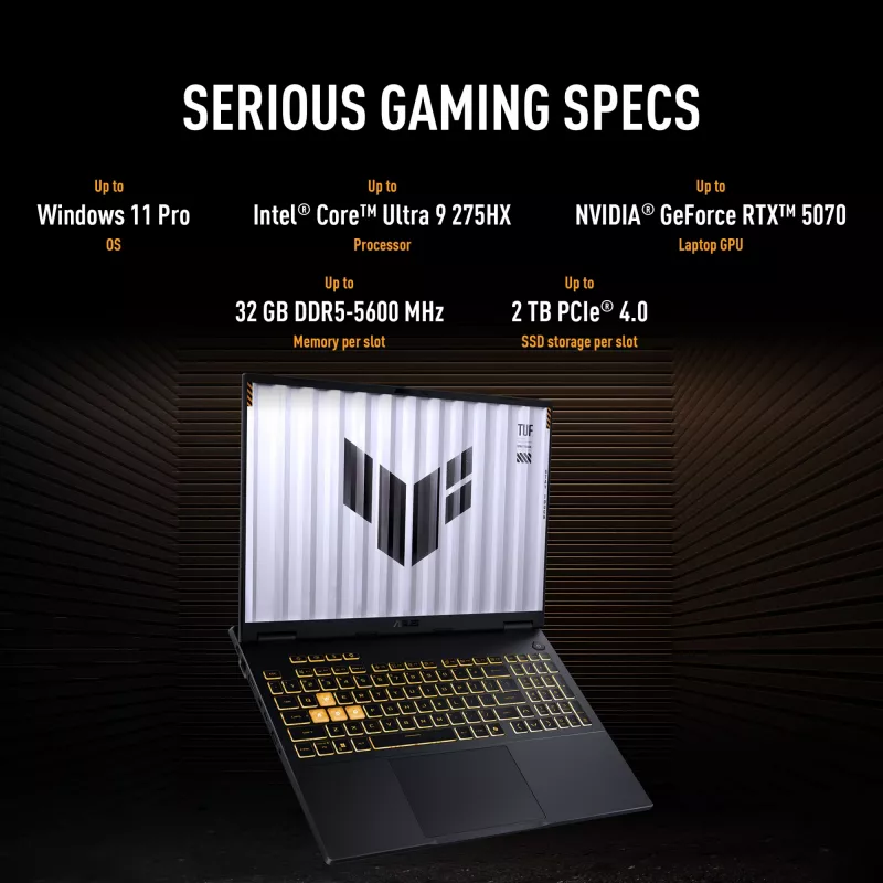 ASUS TUF Gaming F16 FX608JPR-QT014W Intel® Core™ i7 i7-14650HX Laptop 40.6 cm (16 inch) WQXGA 32 GB DDR5-SDRAM 1 TB SSD NVIDIA GeForce RTX 5070 Wi-Fi 6E (802.11ax) Windows 11 Home Dutch Black, Grey