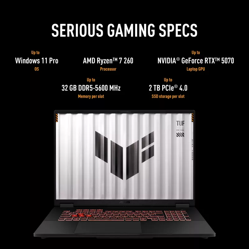 ASUS TUF Gaming A18 FA808UH-S8076W AMD Ryzen™ 7 260 Laptop 45.7 cm (18 inch) Full HD+ 16 GB DDR5-SDRAM 512 GB SSD NVIDIA® GeForce RTX™ 5050 Wi-Fi 6E (802.11ax) Windows 11 Home Dutch Grey