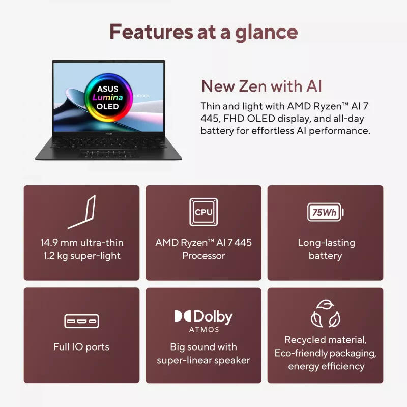 ASUS Zenbook 14 OLED UM3406GA-QD031W Copilot+ PC AMD Ryzen™ AI 7 445 Laptop 35.6 cm (14 inch) WUXGA 32 GB LPDDR5x-SDRAM 1 TB SSD Wi-Fi 6E (802.11ax) Windows 11 Home Dutch Black