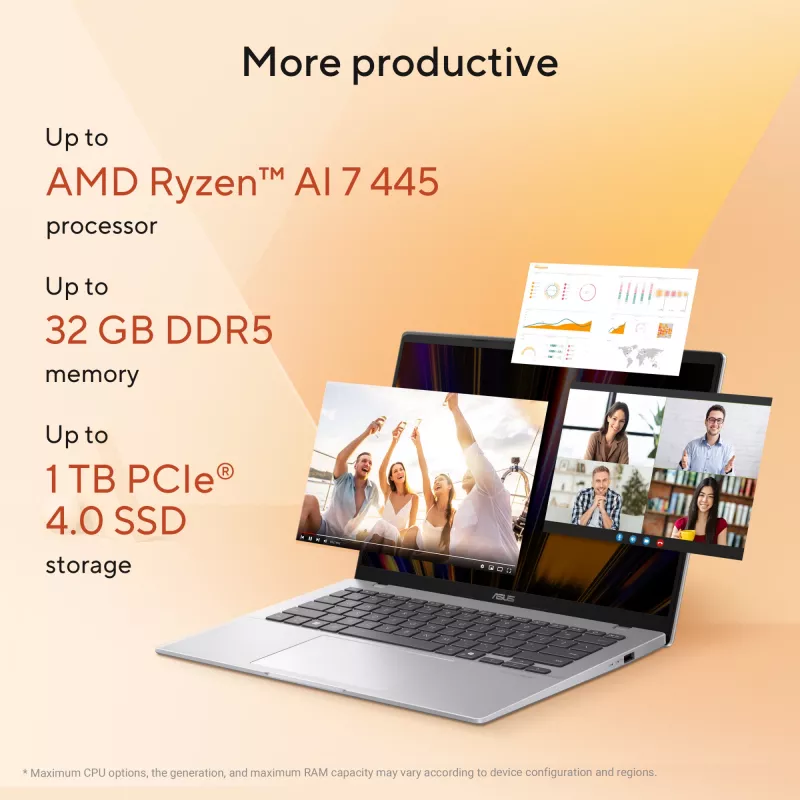ASUS Vivobook 14 M1407GA-LY012W Copilot+ PC AMD Ryzen™ AI 7 445 Laptop 35.6 cm (14 inch) WUXGA 16 GB DDR5-SDRAM 512 GB SSD Wi-Fi 6 (802.11ax) Windows 11 Home Dutch Silver