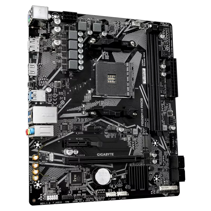 GIGABYTE A520M H ARGB Motherboard - Supports AMD Ryzen 5000 Series CPUs, up to 5100MHz DDR4 (OC), PCIe 3.0 x4 M.2, 1 GbE LAN, USB 3.2 Gen 1
