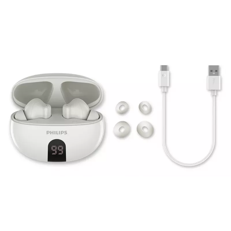 Wireless in-ear headset Philips TAT2520WT/00 — Bluetooth, for calls and music, 20–20000 Hz, 10 m range, white, 40 g