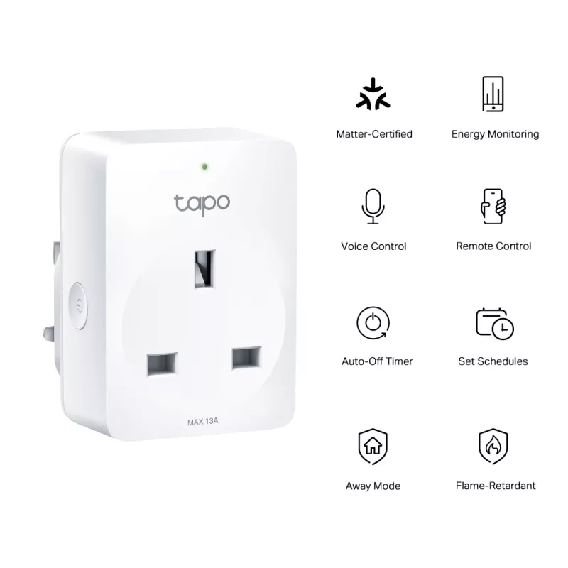 Smart plug TP‑Link Tapo Mini P110M — Wi‑Fi/Bluetooth indoor smart socket, 16 A, 100–240 V, 3680 W, white
