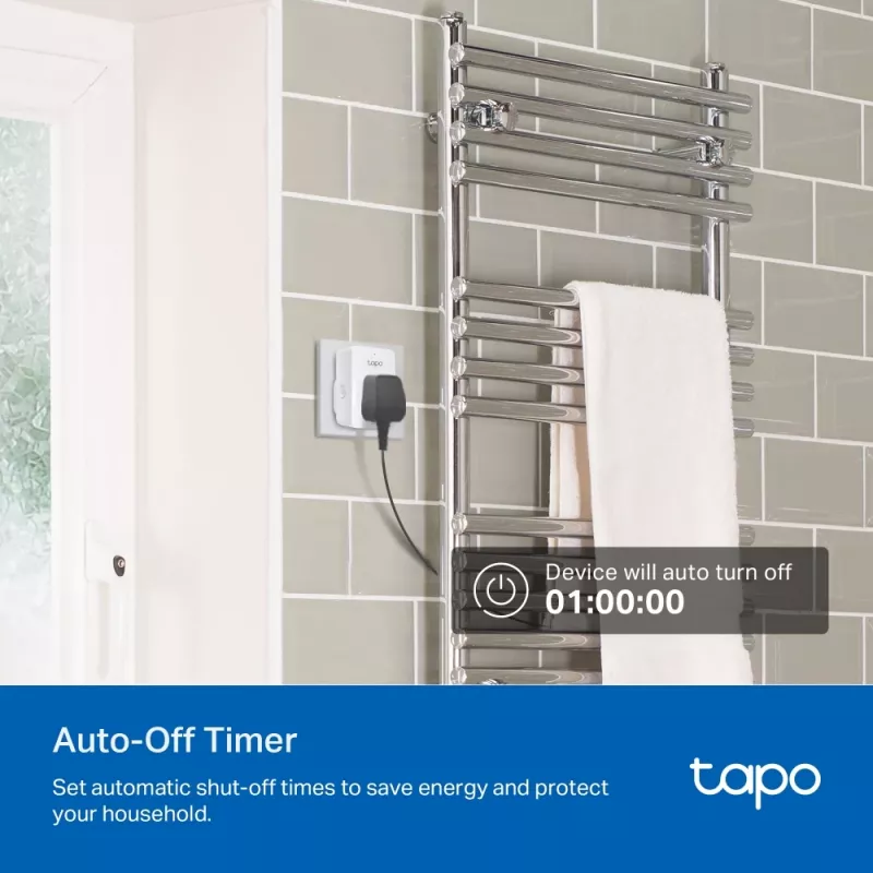 Smart plug TP‑Link Tapo Mini P110M — Wi‑Fi/Bluetooth indoor smart socket, 16 A, 100–240 V, 3680 W, white