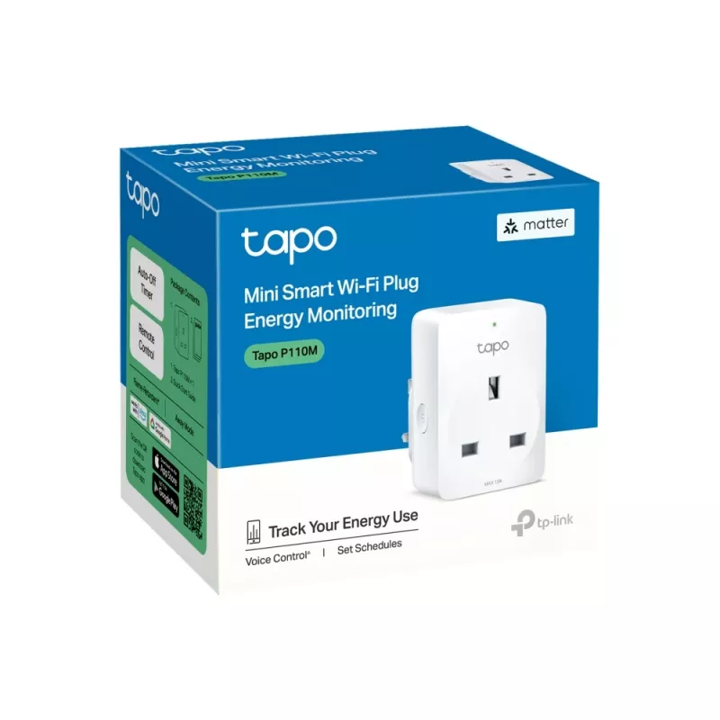 Smart plug TP‑Link Tapo Mini P110M — Wi‑Fi/Bluetooth indoor smart socket, 16 A, 100–240 V, 3680 W, white