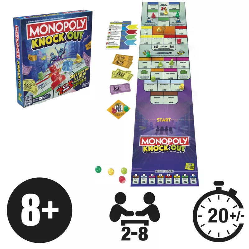 Monopoly Knockout Family Party Game, Quick-Playing Board Games for Ages 8+, 2-8 Players, 20 Mins.