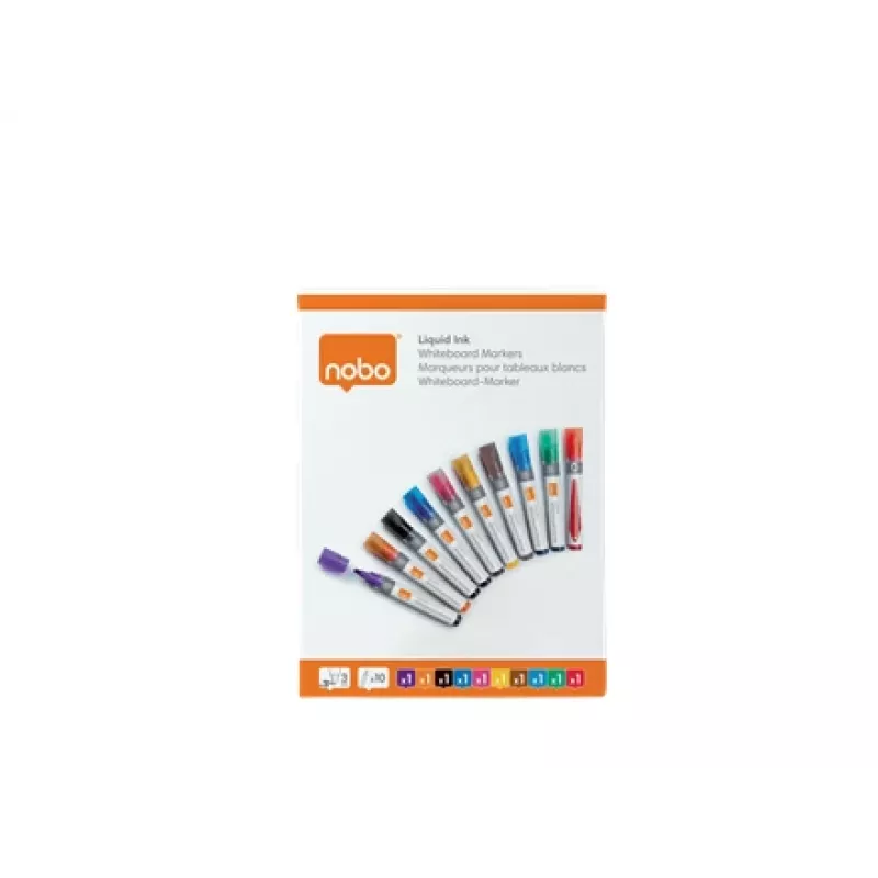 Nobo Liquid Ink Whiteboard Pens Bullet Tip 10 Pack, 10 pc(s), Multicolour, Brush tip, Assorted colours, 3 mm, 38 mm