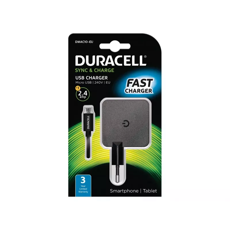Duracell 2.4A Phone/Tablet Wall Charger, Indoor, AC, 5 V, 2.4 A, Black