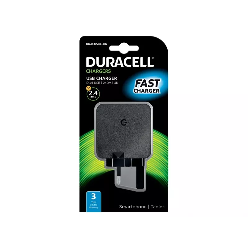 Duracell 2x2.4A USB Phone/Tablet Charger, Indoor, AC, 5 V, Black