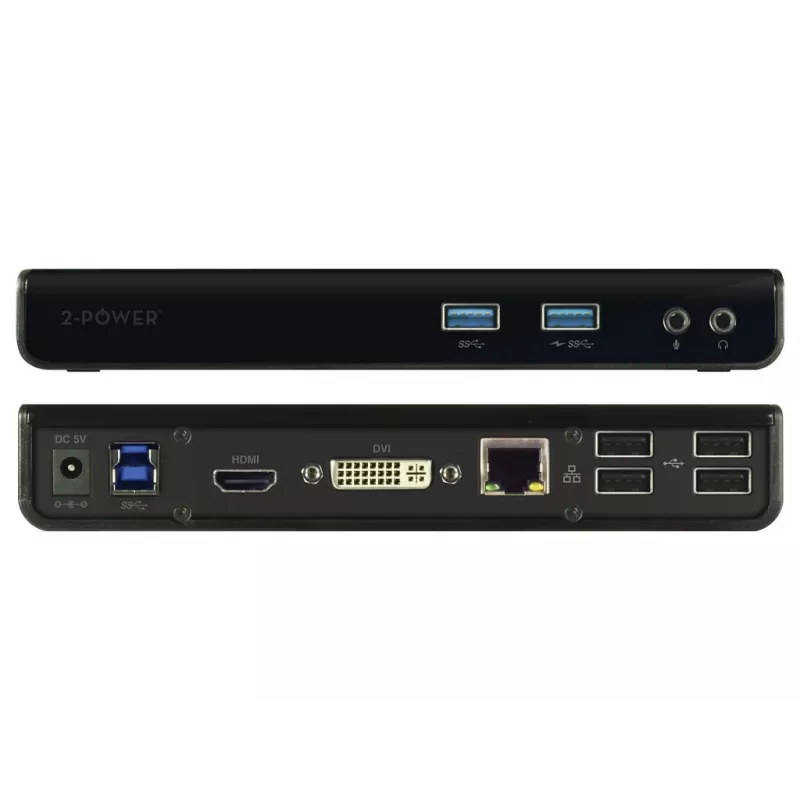 2-Power USB 3.0 Dual Display Docking Station, Docking, 3.5 mm, USB Type-A, USB Type-B, 10,100,1000 Mbit/s, Black, 5 Gbit/s
