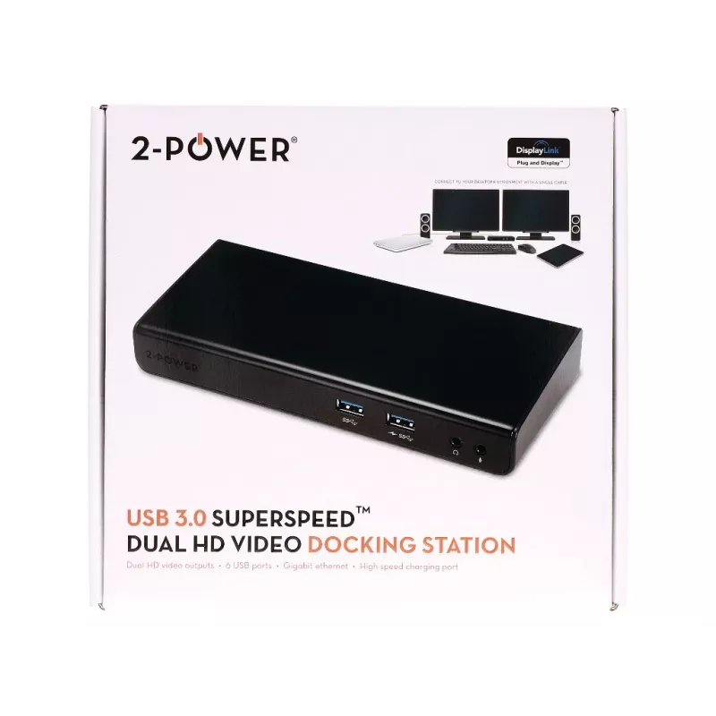 2-Power USB 3.0 Dual Display Docking Station, Docking, 3.5 mm, USB Type-A, USB Type-B, 10,100,1000 Mbit/s, Black, 5 Gbit/s