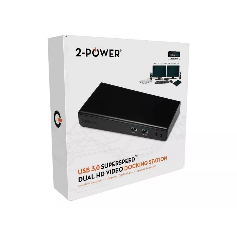 2-Power USB 3.0 Dual Display Docking Station, Docking, 3.5 mm, USB Type-A, USB Type-B, 10,100,1000 Mbit/s, Black, 5 Gbit/s