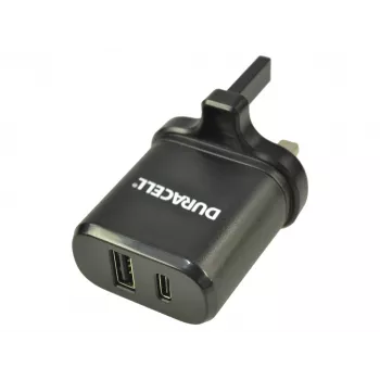 Duracell Type-C & Type-A Mains Charger, Indoor, AC, Black
