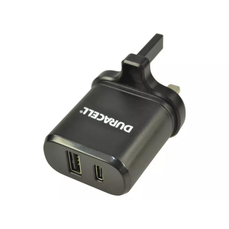 Duracell Type-C & Type-A Mains Charger, Indoor, AC, Black