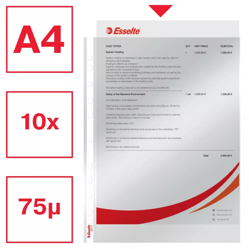 Esselte Pocket 75my A4, 210 x 297 mm (A4), Transparent, Polypropylene (PP), Portrait, Top, 0.075 mm