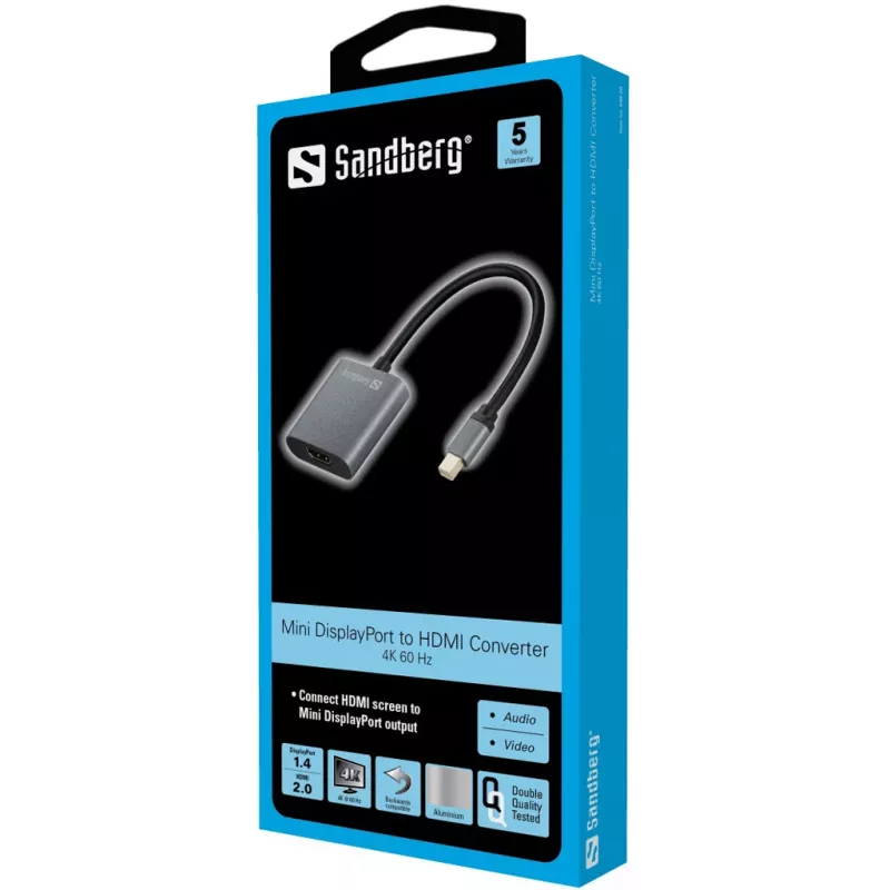 Sandberg Adapter MiniDP1.4>HDMI2.0 4K60, Mini DisplayPort, HDMI Type A (Standard), Male, Female, 3840 x 2160 pixels, 6 Gbit/s