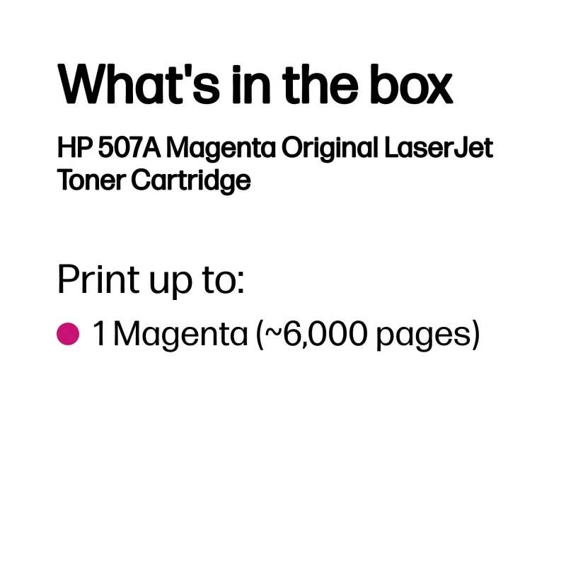 HP 507A Magenta Original LaserJet Toner Cartridge, 6000 pages, Magenta, 1 pc(s)