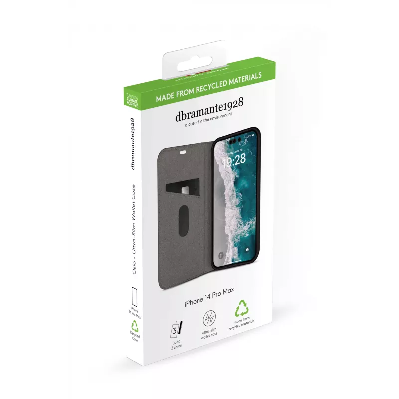 Folio phone case dbramante1928 Oslo for iPhone 14 Pro Max — Black, 3 card pockets, desk stand, fits 6.7 inch