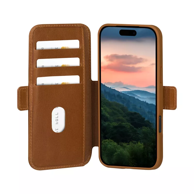 Wallet case dbramante1928 Copenhagen for iPhone 17 Pro Max — Tan, 3 card pockets, desktop stand