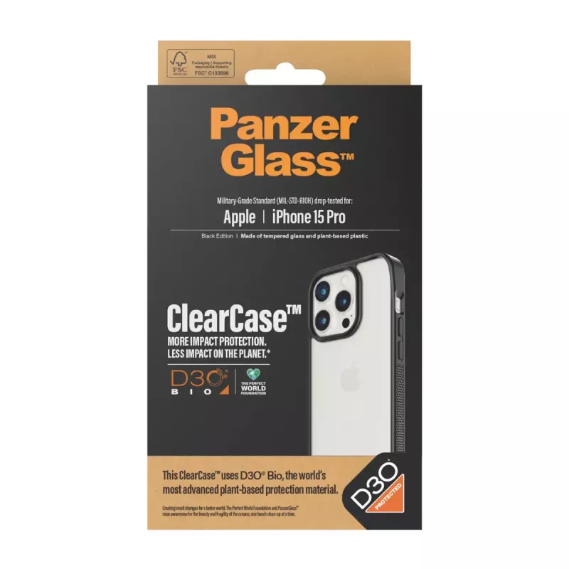 PanzerGlass ® ClearCase Transparent w. Black Frame & D3O® iPhone 15 Pro