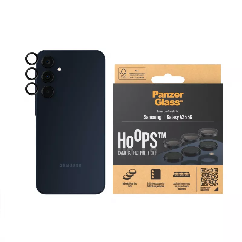 Camera Lens Protector PanzerGlass Hoops for Samsung Galaxy A35 5G, tempered glass, black frame