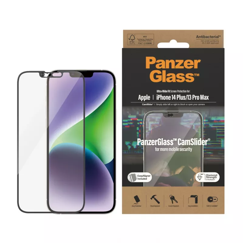 Clear screen protector PanzerGlass CamSlider for Apple iPhone 14 Plus / 13 Pro Max, 6.68 inch tempered glass, PET, anti-bacterial