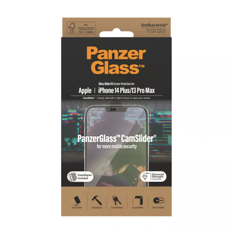 Clear screen protector PanzerGlass CamSlider for Apple iPhone 14 Plus / 13 Pro Max, 6.68 inch tempered glass, PET, anti-bacterial
