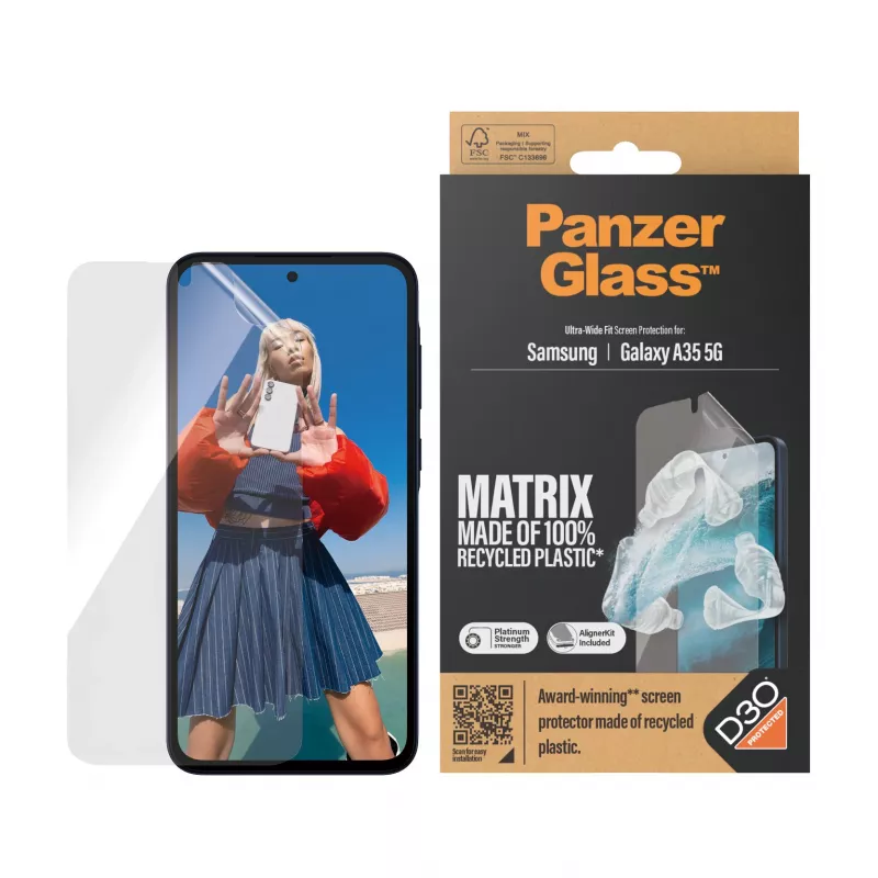 Screen protector PanzerGlass MATRIX with D3O for Samsung Galaxy A35 5G — Ultra-wide PET, dry fit, 1 pc, transparent