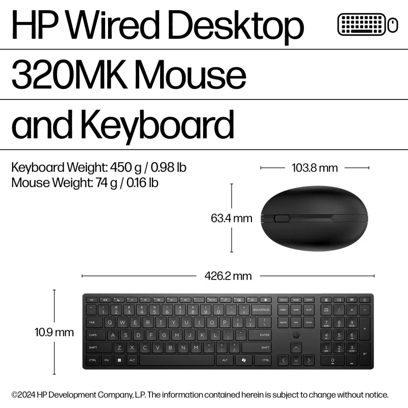 Wired Keyboard and Mouse Combo HP 320MK — USB, Membrane Keyboard, Black