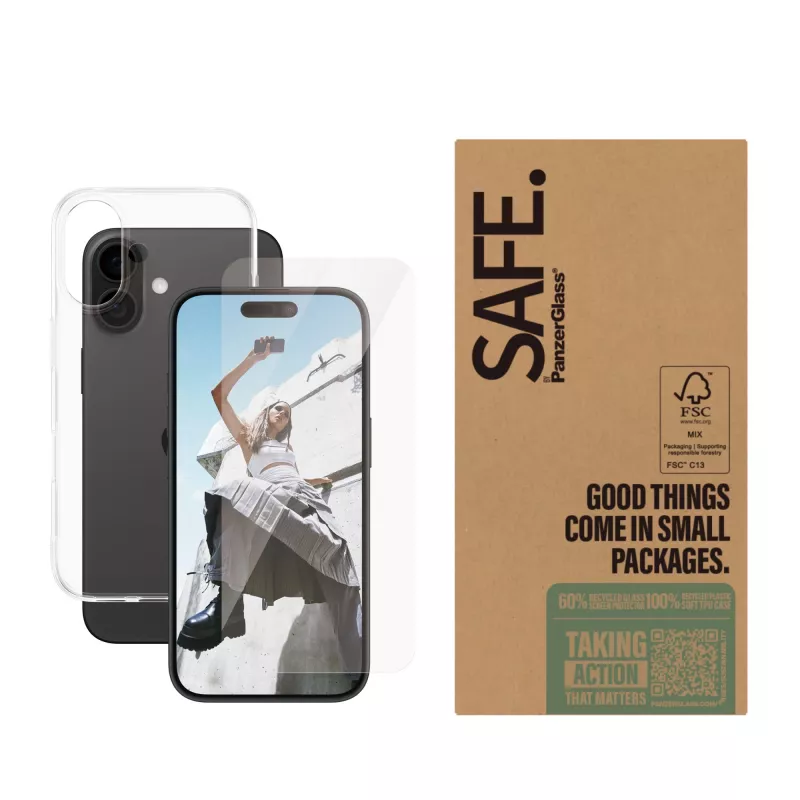 Clear screen protector bundle PanzerGlass SAFE. by ® for iPhone 16 — tempered glass + PET + silicone, transparent, 50 pcs