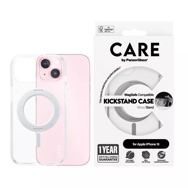 PanzerGlass CARE™ by ® Case Transparent w. Silver Kickstand & MagSafe iPhone 15